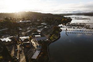 Aerial view of Poulsbo Washington at sunrise taken with a drone